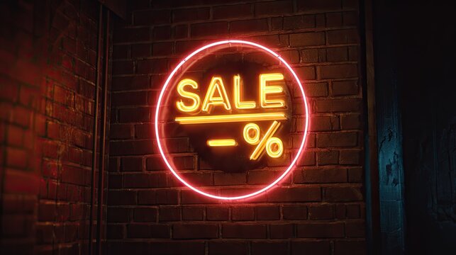 Neon sale sign on brick wall at night