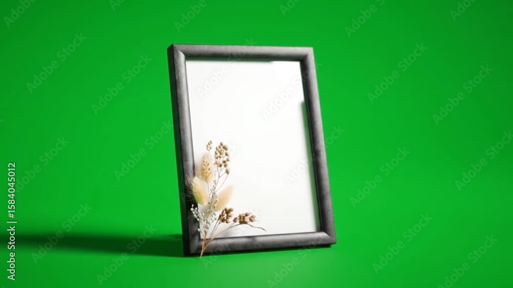 Poster a gray frame with dried flowers on a green background in a studio setting view