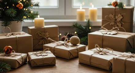 Brown Wrapped Christmas Gifts with Natural Decorations and Candle Ambiance in Cozy Setting