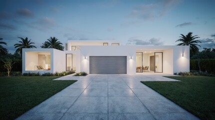 Fototapeta premium Modern house, minimal architecture with lawn grass and concrete garage driveway of a luxury property building.