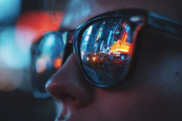 Night city reflected in sunglasses