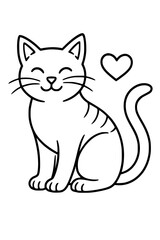 Obraz premium Happy Smiling Cartoon Cat Line Art with Heart Icon Isolated 