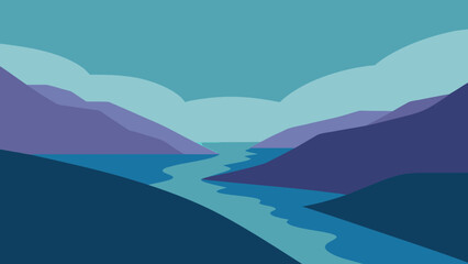 Cartoon Calm Narrow Sea Loch Steep Heather Covered Hills Vector