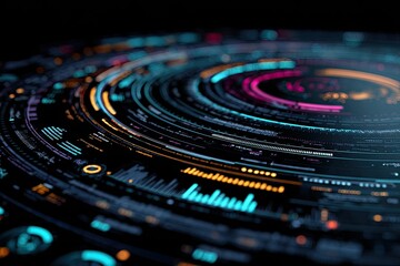 Abstract circular data display with concentric rings of colorful, dynamic information