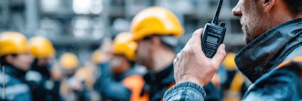 Poster man communicates with team using walkie-talkie during collaborative work on construction site in urb