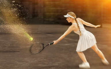 Female athlete plays tennis on open court. Player hits ball with racket, serves ball. Virtual...