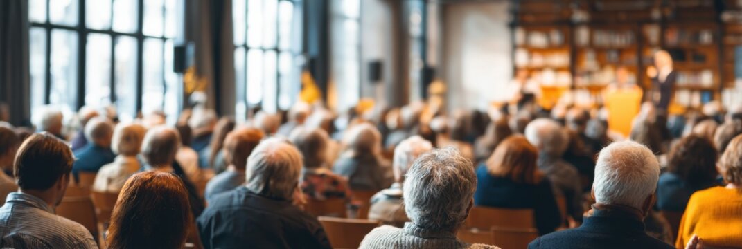 Community Gathers for Townhall Meeting Featuring Speaker on Stage With Engaged Audience Listening Attentively in Well-Lit Venue