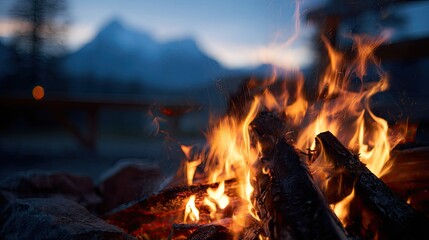 Warm campfire flames at dusk, mountains in background