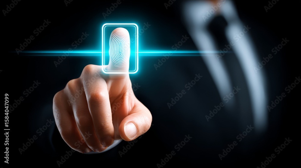 Poster biometric security, finger activating fingerprint scan on touch screen for secure access