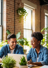 Dynamic Collaboration: Two Young, Diverse Startup Employees, Hispanic Male and Black Female, Laughing While Working on a Laptop in a Casual Creative Office