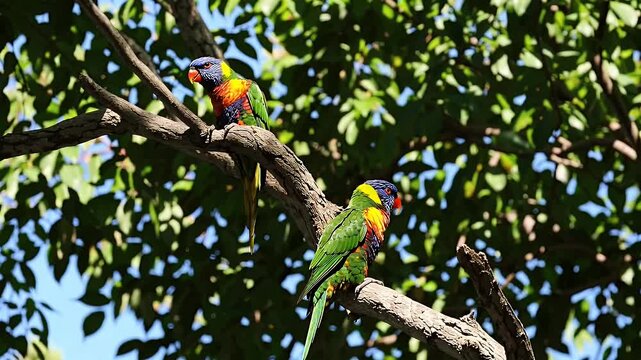 vibrant rainbow lorikeets perched on tree branches turn curiously in their lush forest habitat showcasing their striking plumage in a peaceful natural environment full of birdwatching charm