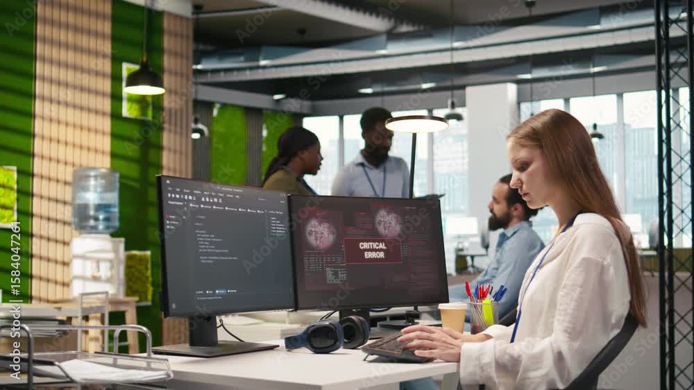 Poster female programmer in startup office struggling to fix application errors while coding. young woman d