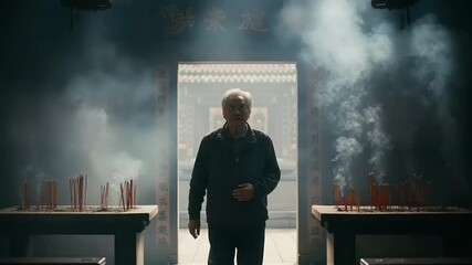 Man in a temple, smoke and incense - Powered by Adobe