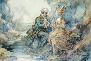 Romantic baroque scene depicting a man and a woman in exquisite historical costumes.  