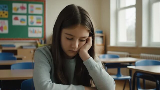 Tired Schoolgirl Sleeping on Desk in Classroom. School kids sleeping on desk in classroom at school 4k. - Powered by Adobe