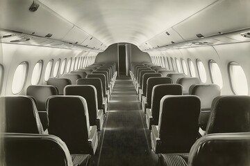 Fototapeta premium Full shot of modern airplane business class cabin with luxurious seating and interior design