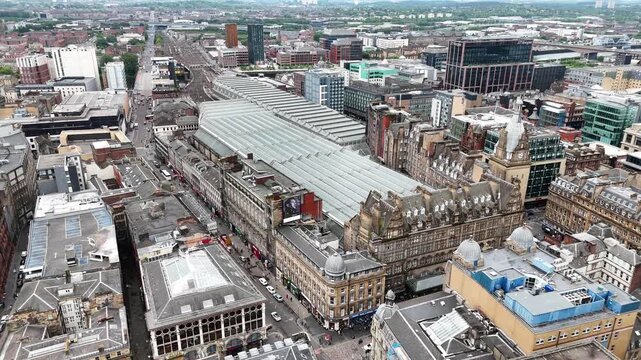 Drone shot of Glasgow Central railway station, Scotland, United Kingdom