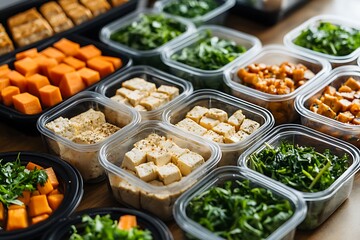 Close-up of healthy meal prep containers filled with a variety of nutritious dishes