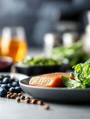 Vibrant Keto Friendly Food Arrangement with Salmon and Fresh Ingredients in Abstract Low Contrast Setting