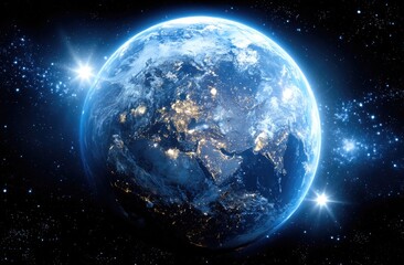 Obraz premium Earth from space, vibrant blue, night side illuminated
