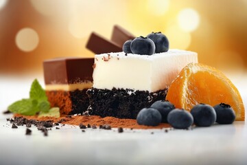 Exquisite Plated Desserts with Dark Chocolate and Fresh Fruits on Elegant Background