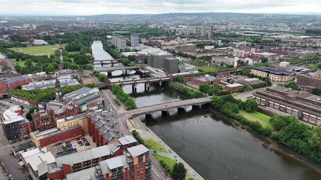 Aerial footage of River Clyde in Glasgow, Scotland, United Kingdom