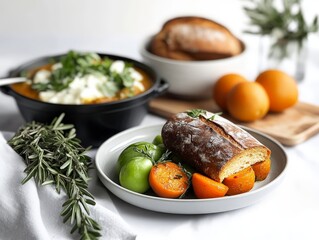 Traditional European Dishes Served on a Rustic Table with Vegetables and Fresh Bread