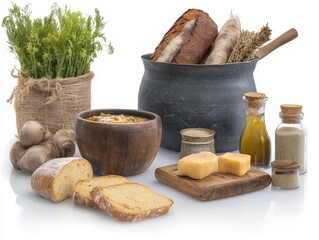 Traditional European Dishes Tapestry Featuring Rustic Ingredients and Culinary Elements