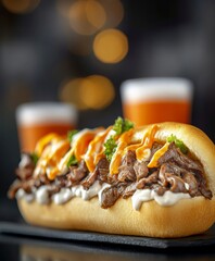 Delicious Cheesesteak Sandwich with Finely Chopped Beef and Melted Cheese Topped with Fresh Ingredients