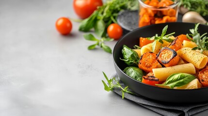 Gourmet Plated Dish with Fresh Ingredients and Rustic Pasta Arrangement on Grey Background