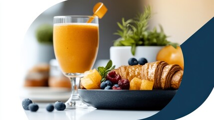 Colorful Cartoon Brunch Platters Featuring Fresh Fruit, Smoothies, and Croissants on Vibrant Background