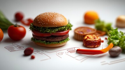 Comfort Food Visuals Featuring Bold Artful Presentation of Burger with Fresh Ingredients and Colorful Decor