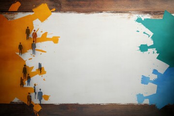 Watercolor Business Style Poster Featuring Abstract Paint Splashes and Human Silhouettes on a Wooden Background