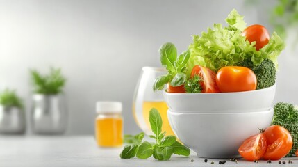 Fresh Monochrome Portrait of Salad Bowls Filled with Vibrant Vegetables on a Light Background