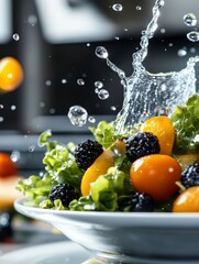 Fresh Farm Ingredients in a Bowl with Water Splash Capturing the Essence of Healthy Eating and Vibrant Flavors