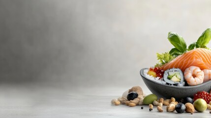 Fresh and Vibrant Seafood Delicacies Poster Featuring Sushi, Grill Elements, and a Beautiful Arrangement