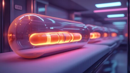 A serene clinic where glowing capsules are packaged with personalized prescriptions, sunlight enhancing the organized layout