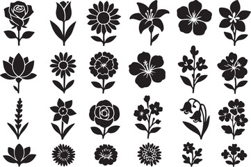 A versatile set of black and white floral vector elements, perfect for seamless patterns, vintage designs, or elegant tattoo art featuring flowers, leaves, and decorative swirls