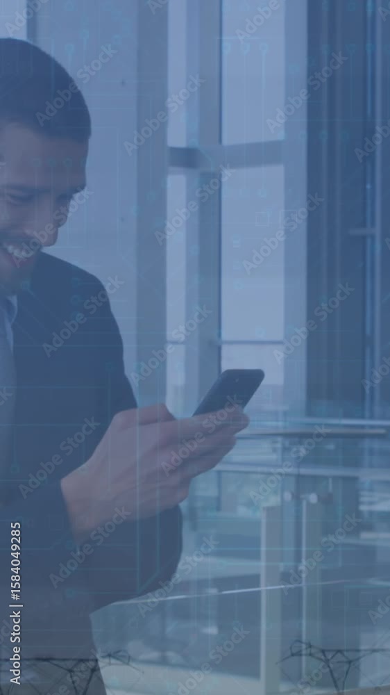 Poster animation of financial data and graphs over caucasian businessman using smartphone