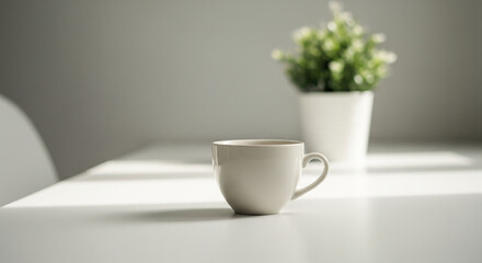 Obraz premium White coffee cup and plant on table minimalist aesthetic background