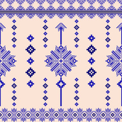 Pixel Tribal Embroidery Fabric Pattern in Blue Beige Seamless Background 