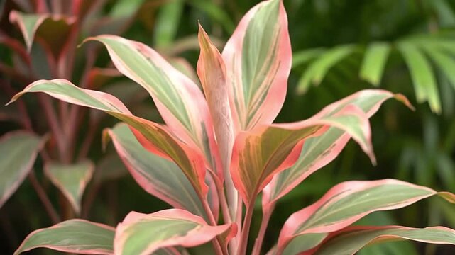 Closeup of a vibrant cordyline plant with pinkedged green leaves set against a blurred green background