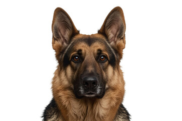 Studio German Shepherd portrait, alert gaze, black background, pet adoption