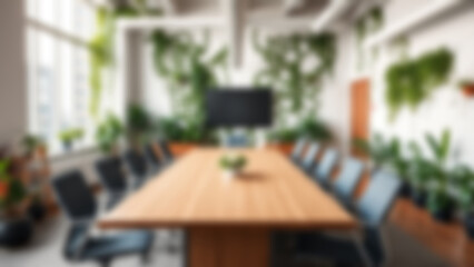 Obraz premium Blur background of office interior with large windows with city urban view, plants, and wooden desks at sunset. Modern workplace and urban greenery concept. Design for poster, wallpaper. Spate.