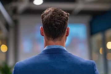 Professional man in a suit observing a presentation in a modern office environment