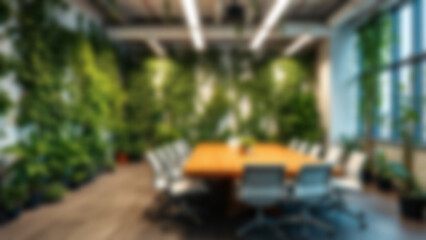 Fototapeta premium Blur background of office interior with large windows with city urban view, plants, and wooden desks at sunset. Modern workplace and urban greenery concept. Design for poster, wallpaper. Spate.