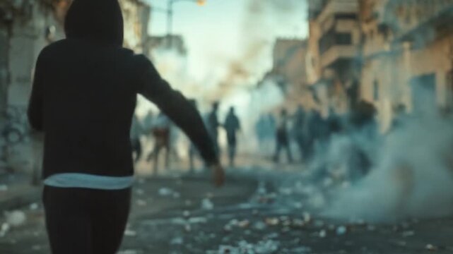 Street crime and vandalism in an urban setting, with people rioting and throwing objects amidst debris, depicting social unrest. Immigration crisis