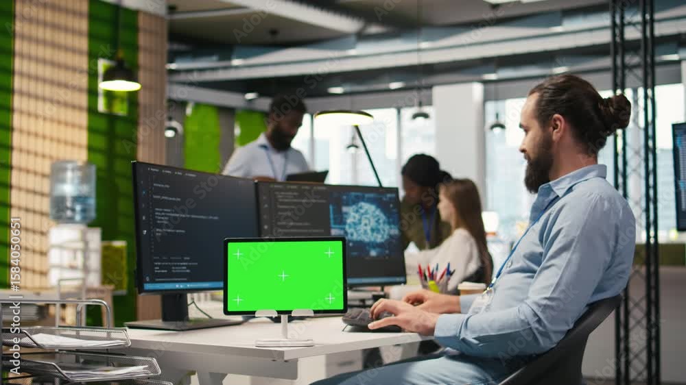 Poster technician developing applications using chroma key tablet, integrating ai next to office coworkers.