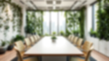 Fototapeta premium Blur background of office interior with large windows with city urban view, plants, and wooden desks at sunset. Modern workplace and urban greenery concept. Design for poster, wallpaper. Spate.