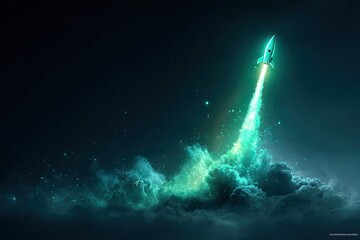Glowing rocket launching through luminous clouds